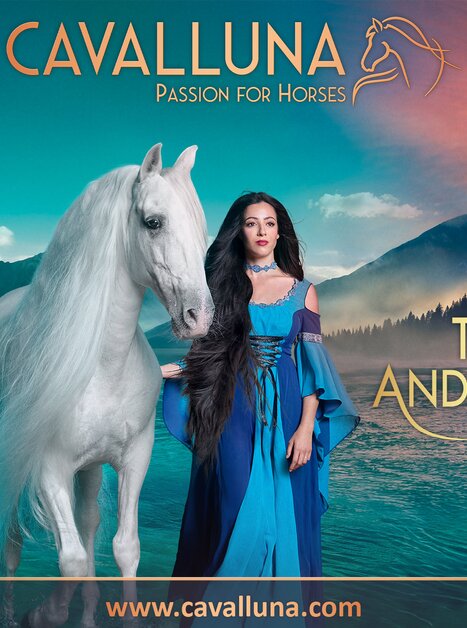 A horse and a woman in fantasy attire against a scenic backdrop. | © CAVALLUNA