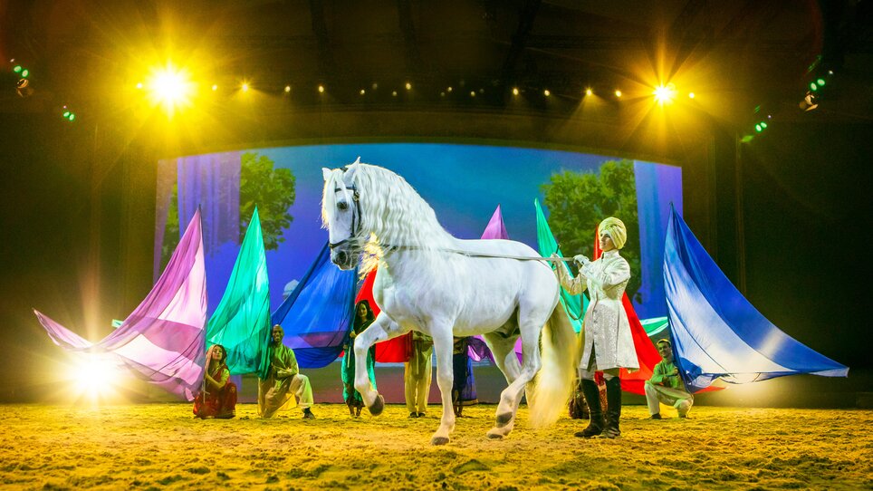 Ein weißes Pferd wird von einem Darsteller während einer Show geführt. | © CAVALLUNA