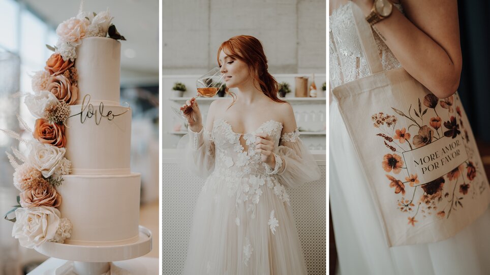 dreigeteiltes Bild mit Hochzeitstorte, junger Frau im Brautkleid und Detailansicht einer dekorativen Stofftasche | © THE CLICK Wedding