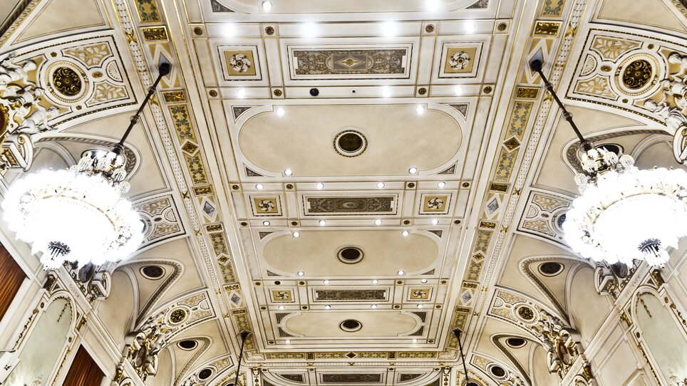 Eleganter Saal mit kunstvoller Decke und großen Kronleuchtern. | © MCG - Werner Krug