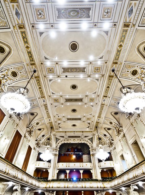Eleganter Saal mit kunstvoller Decke und großen Kronleuchtern. | © MCG - Werner Krug