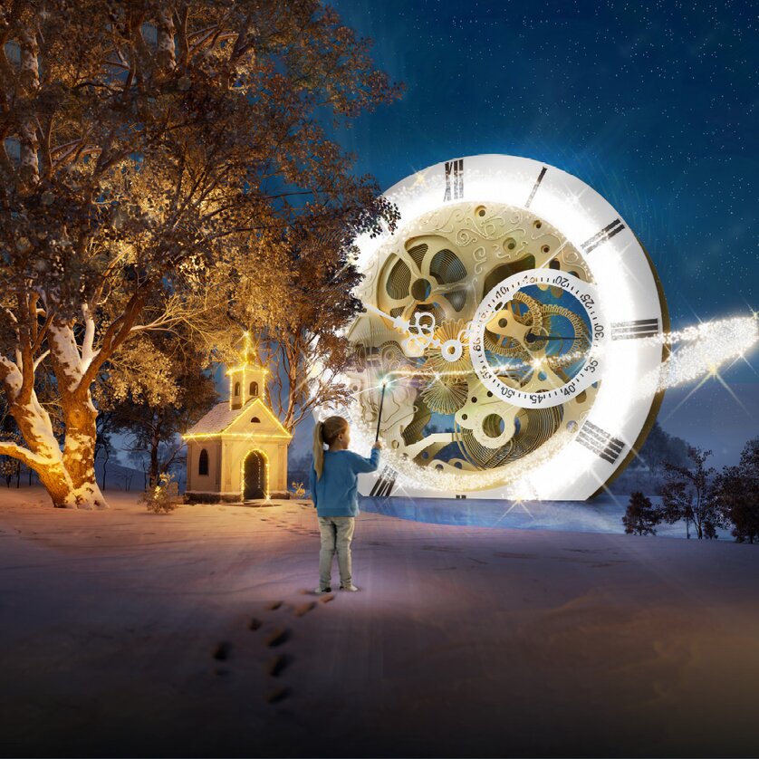 Advent in Graz I LUMAGICA Frohnleiten - The magical park of lights | © Lumagica A girl gazes at a giant clock near a church in the snow. | © Lumagica