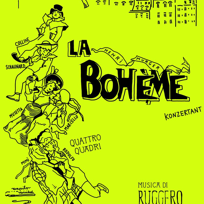 Illustration for "La Bohème" with characters and a Paris background.