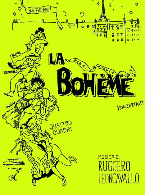 Illustrazione per "La Bohème" con personaggi e sfondo di Parigi.