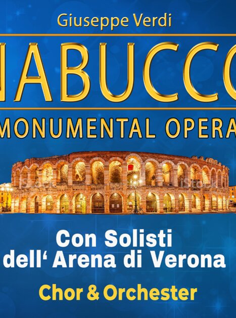 Image of the Arena di Verona on a blue background with the lettering Nabucco | © Nabucco Pura Vida Theater und Musical GmbH
