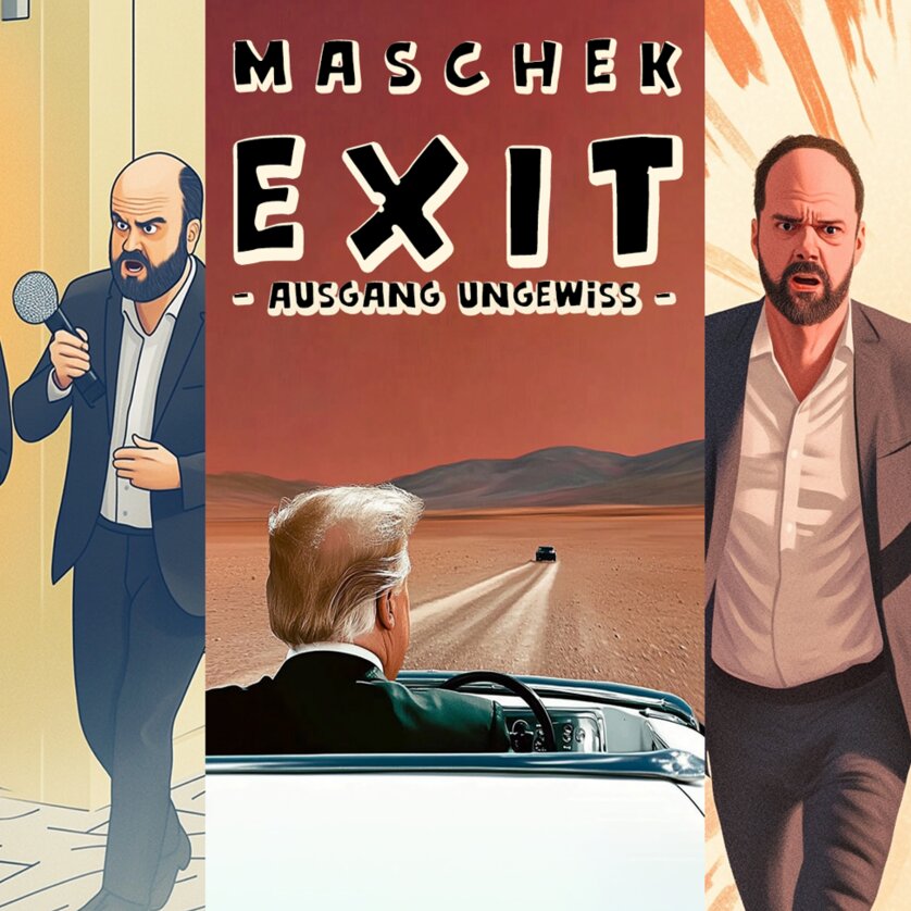 Maschek Exit Ausgang ungewiss | © creative commons Illustration zu ‚Maschek EXIT – Ausgang ungewiss‘ mit zwei Männern in Anzügen in Aktion | © creative commons