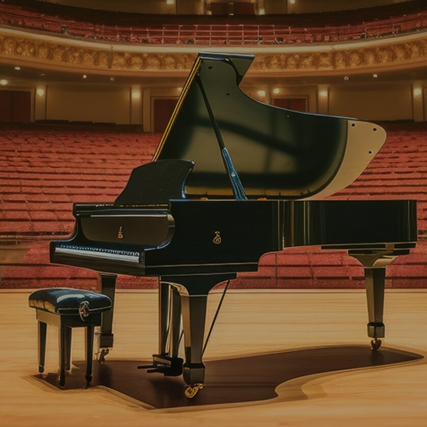 The music of Ludovico Enaudi | © The music of Ludovico Enaudi Flügel auf leerer Bühne in einem Konzertsaal mit roten Sitzreihen | © The music of Ludovico Enaudi