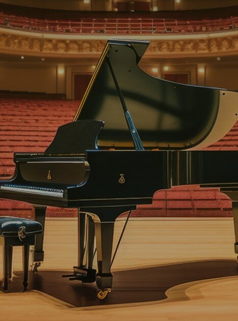 Pianoforte a coda su palco vuoto in sala da concerto con sedili rossi | © The music of Ludovico Enaudi