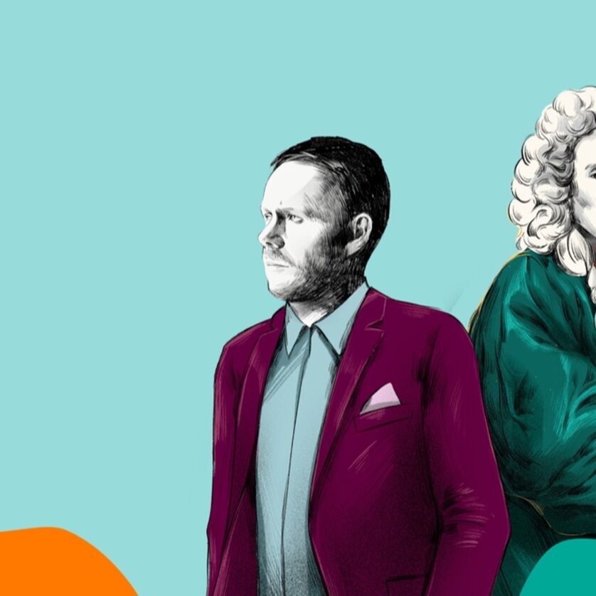 Ein moderner Mann steht neben einer historischen Figur mit einem Cello. | © Redevents