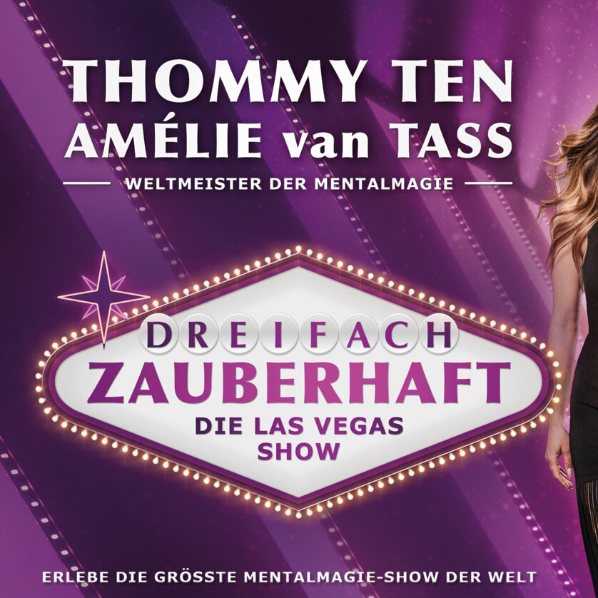 Plakat mit Schriftzug in weiß auf lila Grund, Zauberkünstler Thommy und Amelie sind mit Hund zu sehen | © Matthias Köstler und Blackneonentertainment