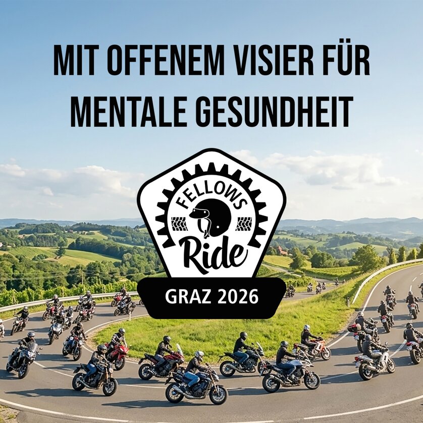 Motorcyclists on a scenic route—raising awareness about mental health at the "Fellows Ride Graz" event.