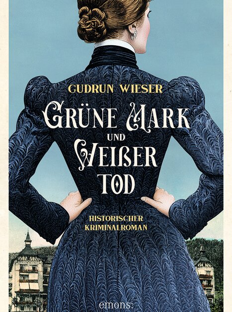 Das illustrierte Buchcover zeigt die Rückenansicht einer Frau in einem dunkelblauen, hochgeschlossenen Kleid. Auf ihrem Rücken prangt der Titel des Romans in verschnörkelter weißer Schrift. | © Gudrun Wieser