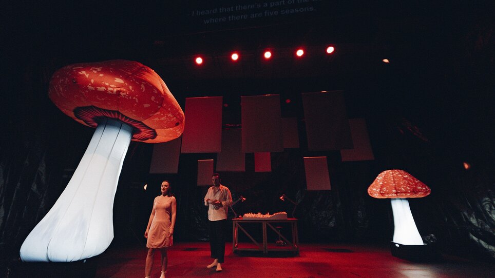 Zwei große leuchtende Pilze und Personen auf der Bühne.