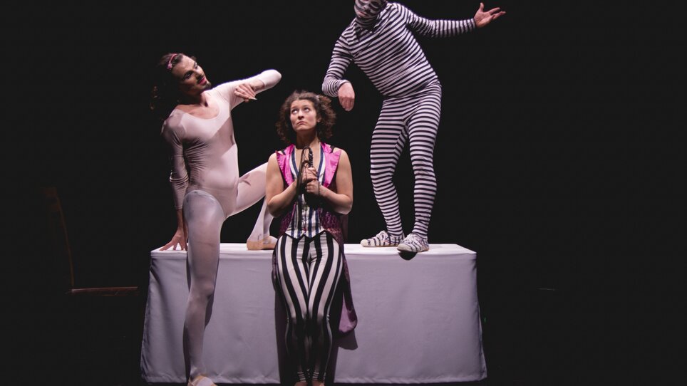 Three performers in various costumes on stage. | © Christina Berzaczy
