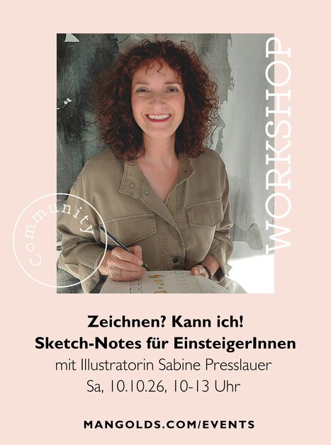 Workshop zum Zeichnen von Sketch-Notes mit Sabine Presslauer, 10. Oktober 2026, 10-13 Uhr.