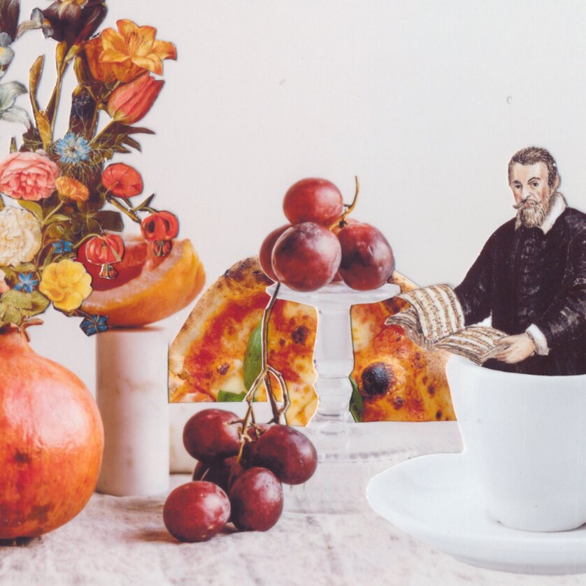 Collage aus Früchten, Blumen und einer Abbildung von einem Wissenschaftler. | © Collage Christine Gnigler