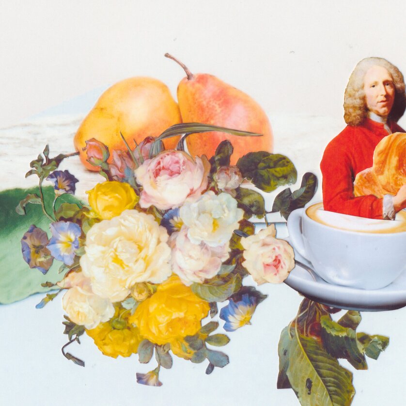 Collage mit Blumen, Früchten und einem Mann mit Croissants. | © Collage Christine Gnigler