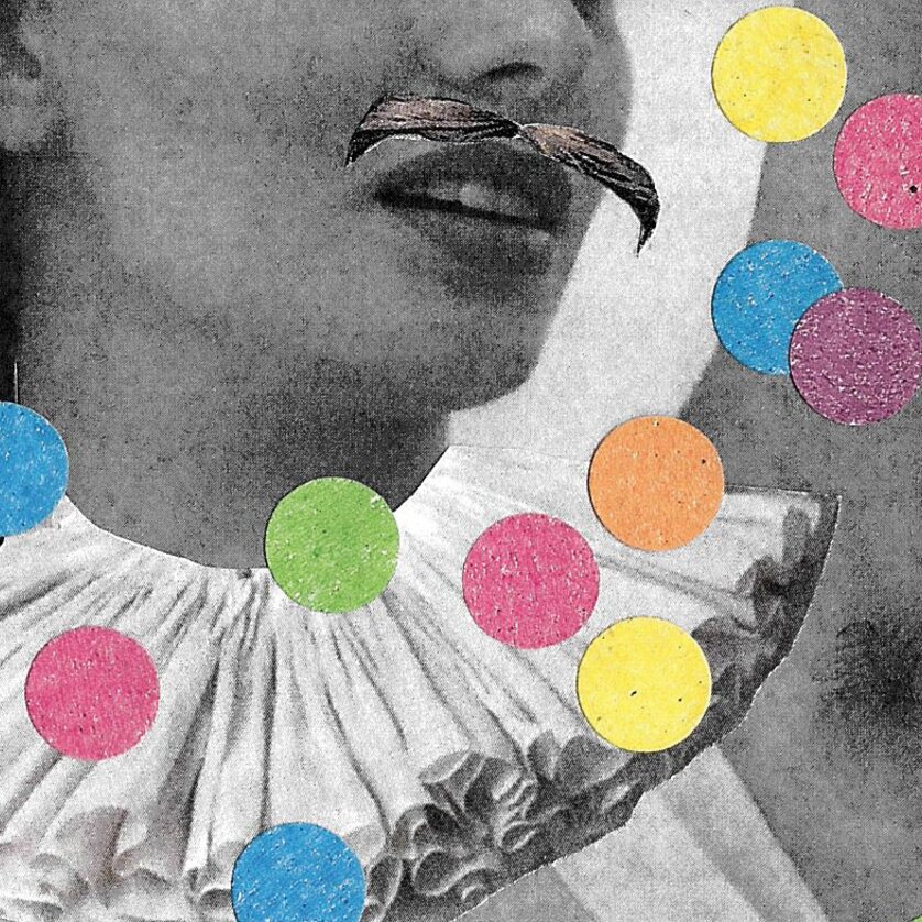 A creative collage featuring a clown-like figure and colorful dots. | © Christine Gnigler
