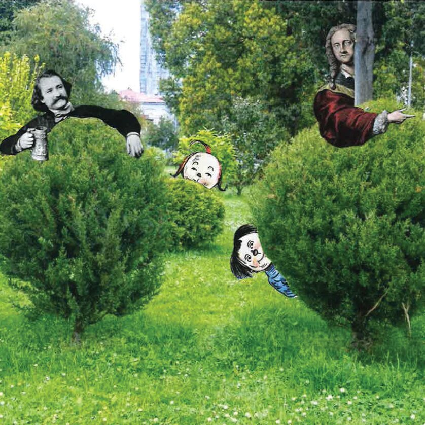 A humorous depiction of historical figures hiding behind bushes. | © Christine Gnigler