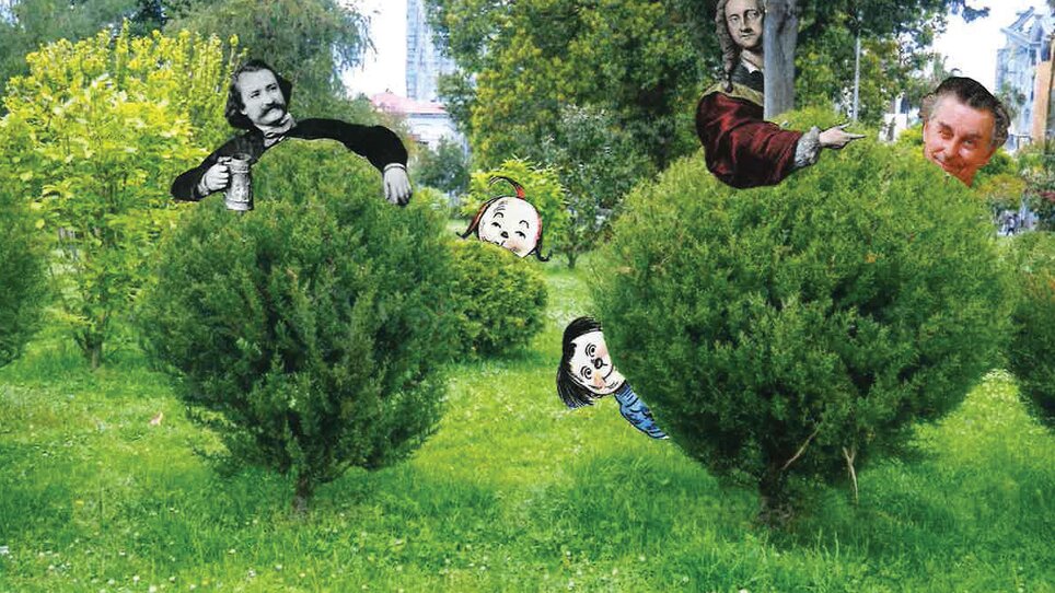 A humorous depiction of historical figures hiding behind bushes. | © Christine Gnigler