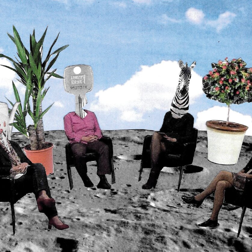 Four chairs with whimsical objects as heads in a surreal landscape. | © Christine Gnigler