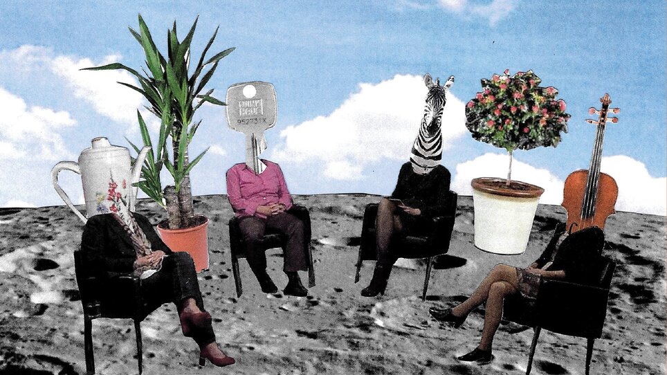 Four chairs with whimsical objects as heads in a surreal landscape. | © Christine Gnigler