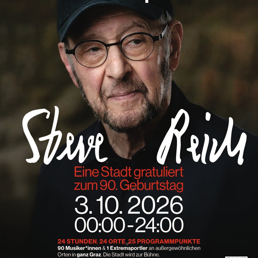 Plakat zu Steve Reichs 90. Geburtstag mit Veranstaltungsinfos.