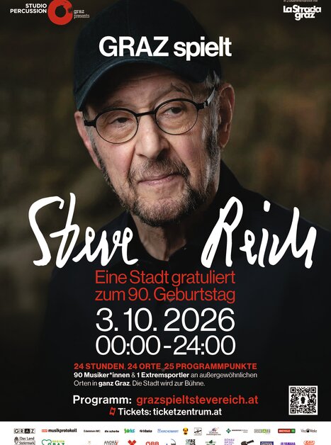 Poster for Steve Reich's 90th birthday with event details.