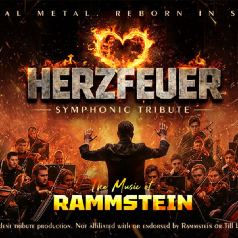 Plakat für das Herzfeuer-Event, das Rammstein-Musik in symphonischer Form präsentiert. | © Grusha Media GmbH