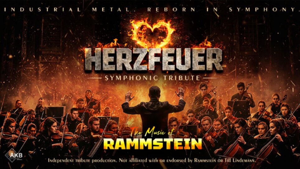 Plakat für das Herzfeuer-Event, das Rammstein-Musik in symphonischer Form präsentiert. | © Grusha Media GmbH