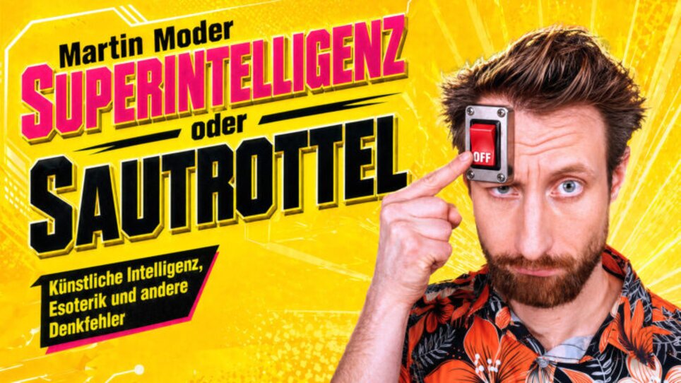 Eine Person mit einem Ausschaltknopf auf der Stirn, die Themen wie KI und Denkfehler behandelt. | © Martin Moder