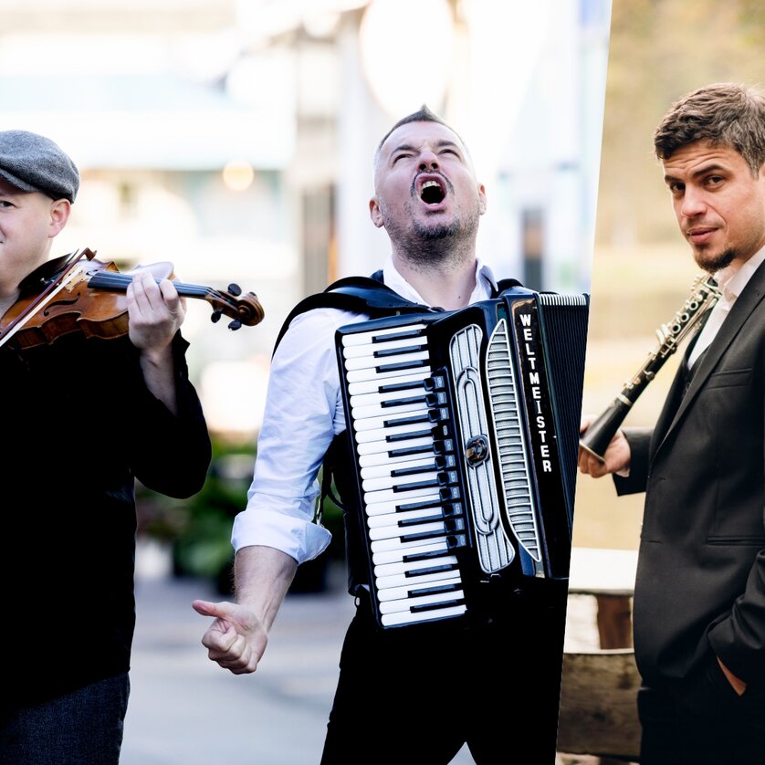 Drei Musiker: ein Geiger, ein Sänger mit Akkordeon und ein Klarinettist. | © Julia Wesely