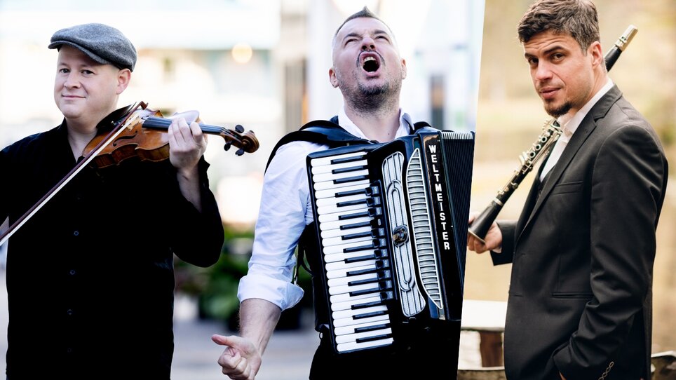 Drei Musiker: ein Geiger, ein Sänger mit Akkordeon und ein Klarinettist. | © Julia Wesely