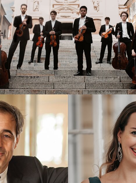 Ein Ensemble aus Musikern posiert auf einer Treppe in Graz.zusätzlich sieht man die Portraits der Pianistin Irina Vaterl und des Pianisten Paul Gulda | ©  Marija Jancic, Julia Grandegger, Fortin