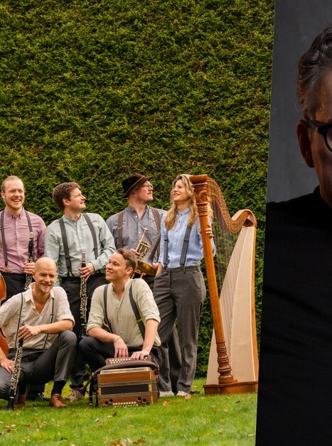 Eine Gruppe von Musikern mit verschiedenen Instrumenten in einem Garten. | © Anton Doppelbauer, Stefan Robitsch
