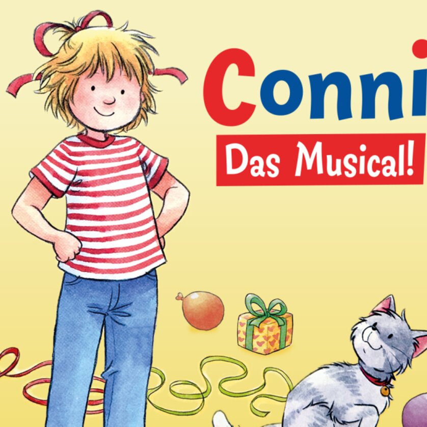Conni - Das Musical | © Carlsen Verlag Kinderbuchfigur Conni, Mädchen mit blondem Haar, rot-weiß gestreiftem Shirt und blauer Hose mit ihrem Kater Mau | © Carlsen Verlag