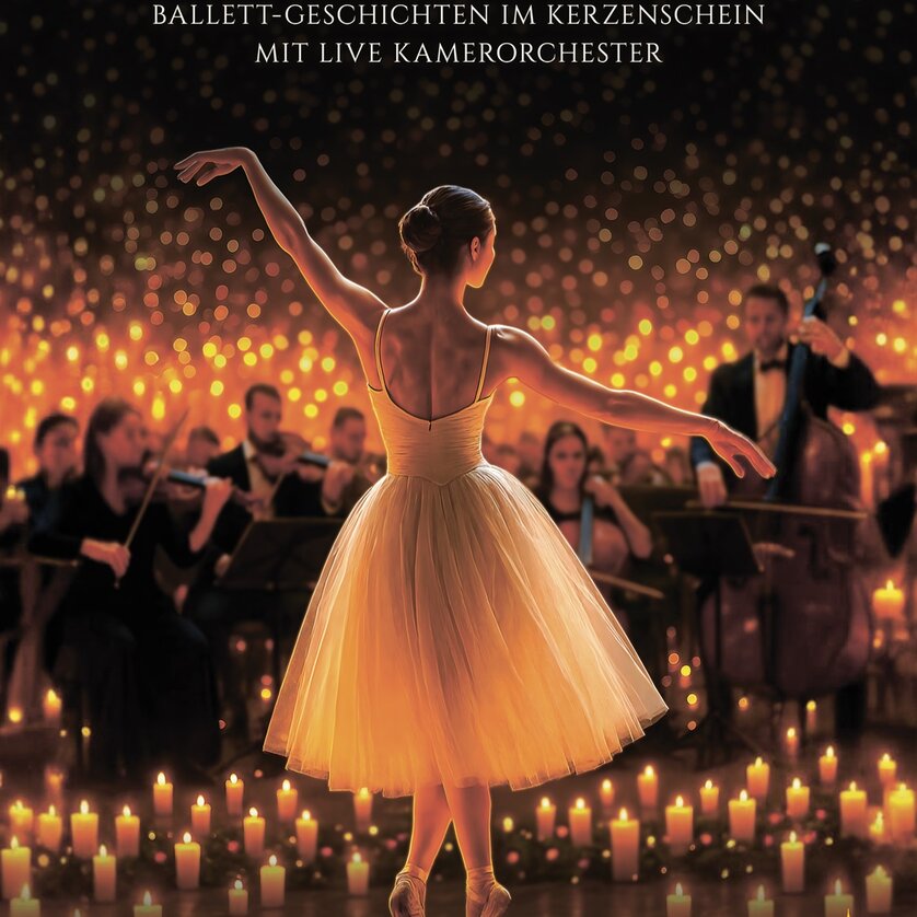 Winterzauber Ballettgeschichten | © DE.Lights Events UG Plakat mit einer Ballettänzerin und Musiker eines Kammerorchester in stimmungsvollem Ambiente mit Kerzen | © DE.Lights Events UG