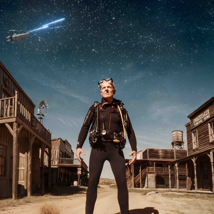 Thomas Maurer steht in einem Taucheranzug in einer Westernstadt unter einem Sternenhimmel | © Ingo Pertramer