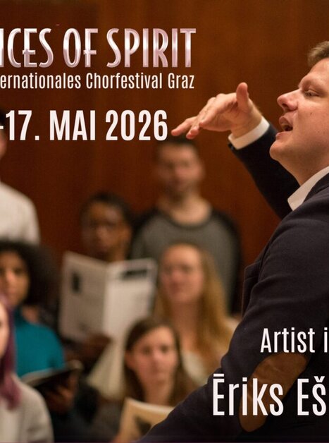 Conductor leads choir rehearsal, text: Voices of Spirit, 13-17. May 2026, Ēriks Ešenvalds | © Voices of Spirit