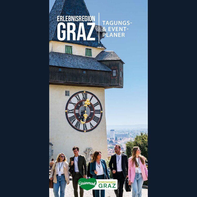 Panorama von Graz mit Grazer Uhrturm, Essenszenen, Pferden und Kunstobjekten.