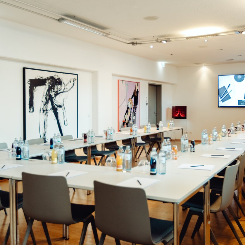 Konferenzraum im Augarten Art Hotel mit abstrakter Kunst und Business-Infrastruktur. | © Kyrillos Mikhail