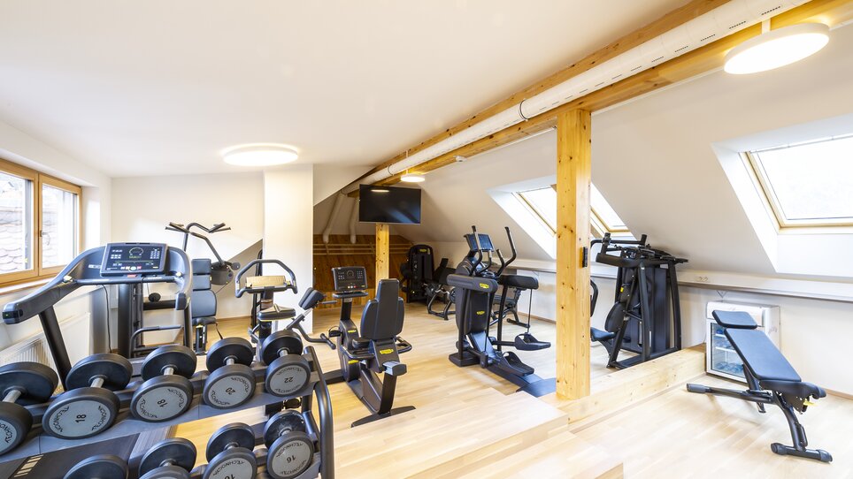 Ein gut ausgestatteter Fitnessraum mit verschiedenen Geräten in der Genusspension Herti. | © Grossauer
