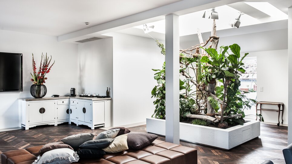 A stylish interior with plants and comfortable seating at Hotel Das Weitzer. | © Florian Weitzer Hotels & Restaurants