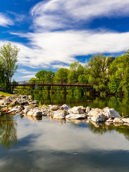 Friedliche Szenerie der Augartenbucht in Graz mit Bäumen und Wasserreflektion. | © Graz Tourismus - Harry Schiffer