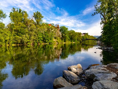 Spiegelung der Natur an der Augartenbucht in Graz mit klarem Wasser und grünen Bäumen. | © Graz Tourismus - Harry Schiffer