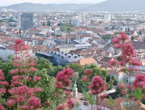 Blick auf Graz mit alten Dächern und dem Kunsthaus Graz. | © Jasminka Putopis