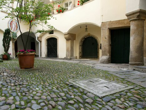 Un cortile idilliaco con pavimento in ciottoli e fiori colorati in un vaso. | © Graz Tourismus - Harry Schiffer