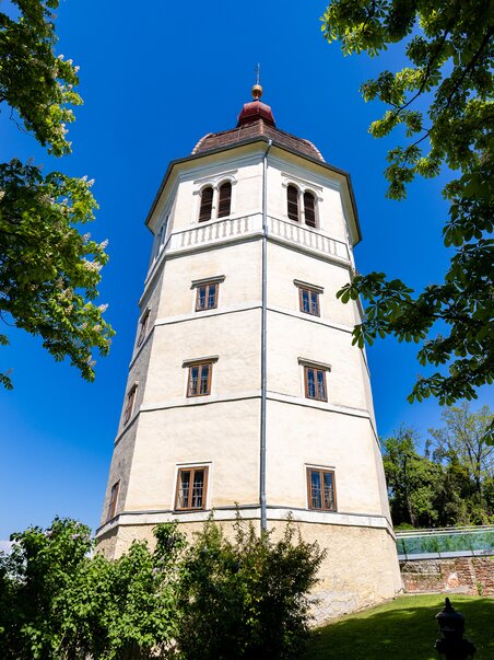 A view of the bell tower on the Schlossberg in Graz, surrounded by trees. | © Graz Tourismus - Harry Schiffer