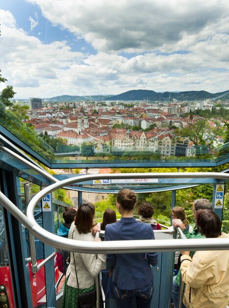 Ride on the Schlossberg Funicular in Graz overlooking the city. | © Graz Tourismus - Werner Krug