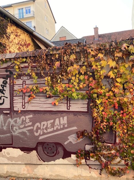 Un graffito di un carrello gelato coperto di foglie colorate. | © Graz Tourismus - NA